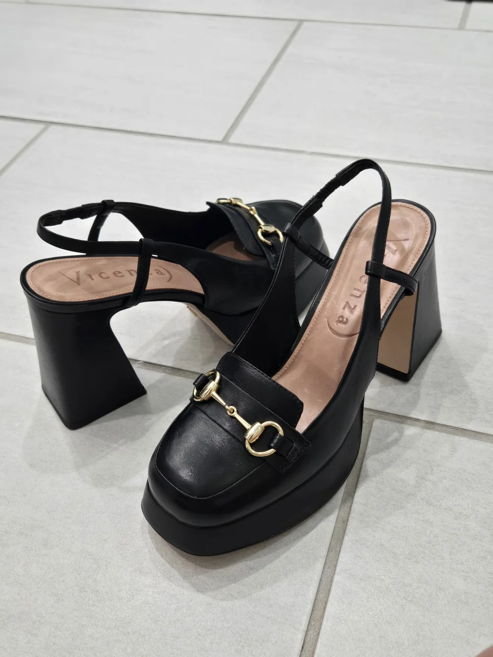 Never Worn Vicenza Chunky Heeled Slingback Loafers with Gold